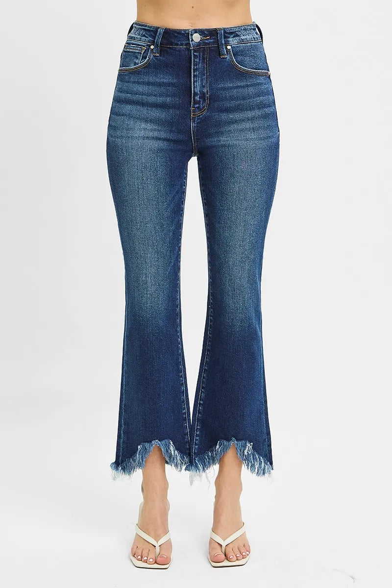 RISEN High Rise Crop Bootcut Fray Hem Jeans Dark