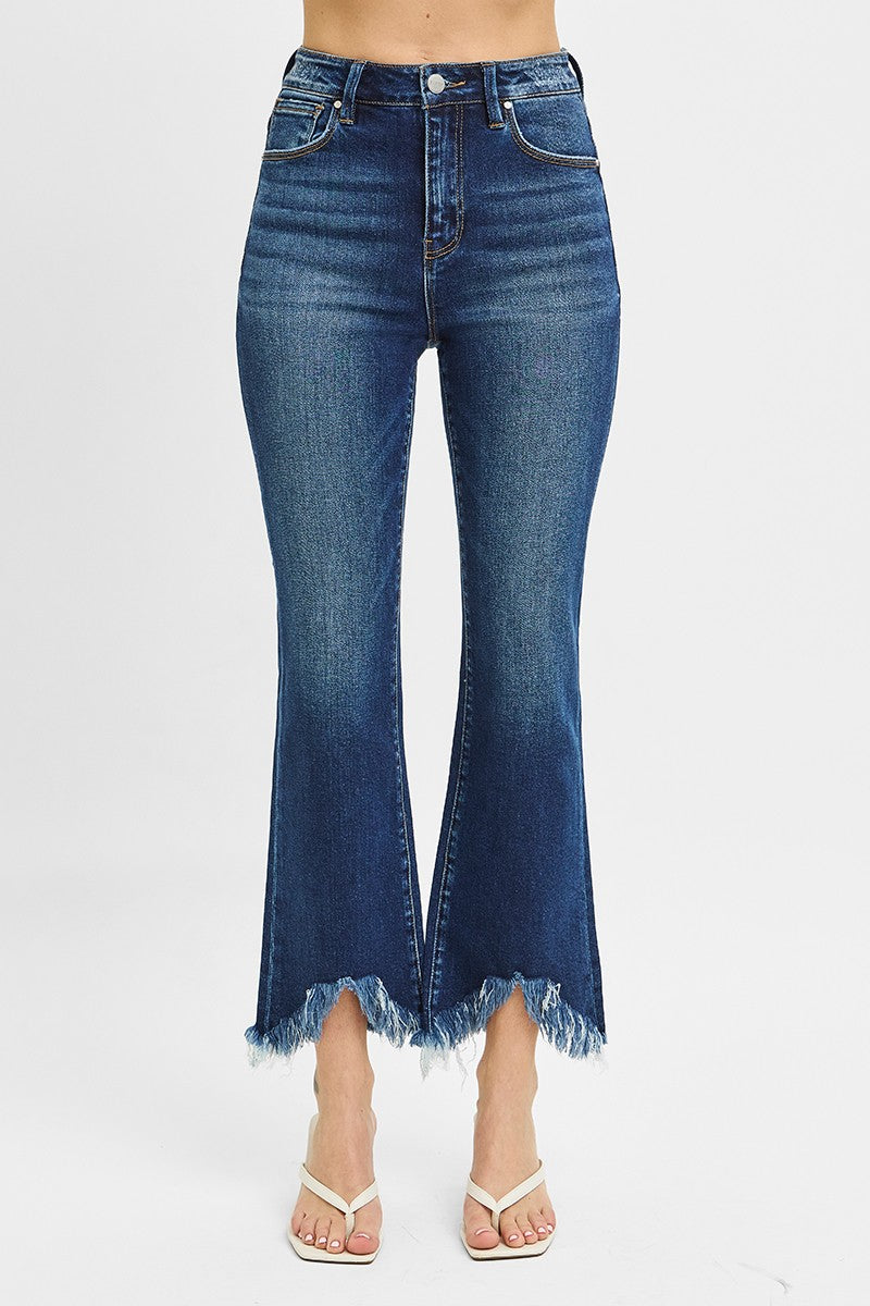 RISEN High Rise Crop Bootcut Fray Hem Jeans Dark