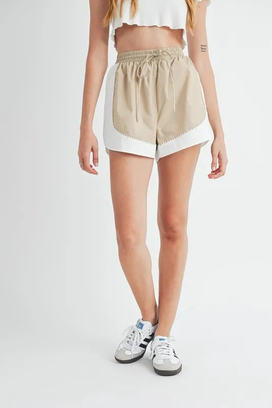 MABLE Drawstring Waist Contrast Trim Detail Shorts Taupe Shorts