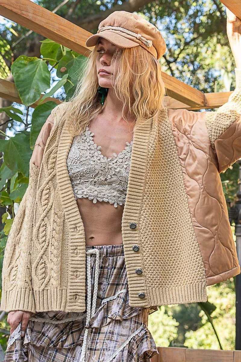 POL Quilting Patch Button Up Cable Knit Jacket Camel Multi | Jackets Daverri Fashions