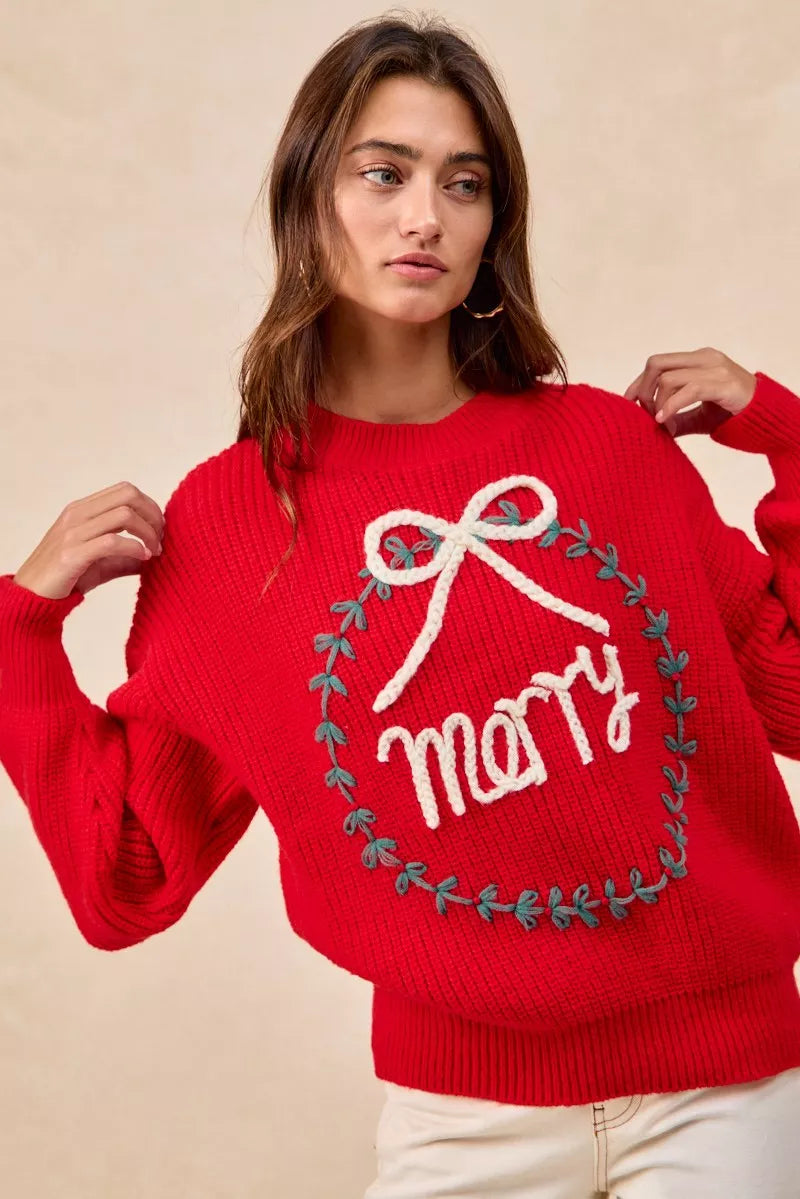 BiBi Christmas Wreath Merry Letter Knit Top | Knit Tops Daverri Fashions