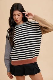 Ivory Black Annie Wear Striped Color Block Round Neck Sweater | Sweaters Daverri Fashions