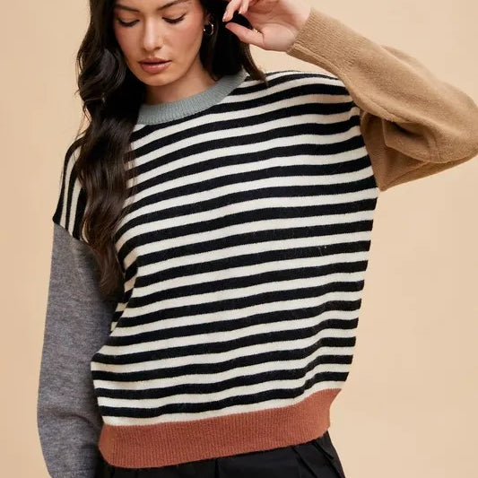 Ivory Black Annie Wear Striped Color Block Round Neck Sweater | Sweaters Daverri Fashions