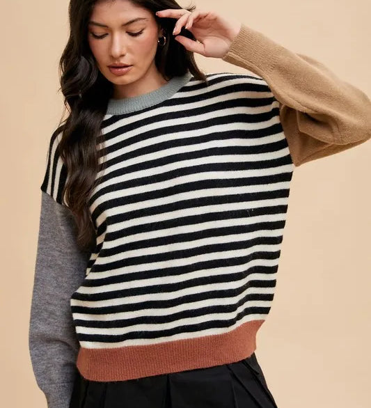 Ivory Black Annie Wear Striped Color Block Round Neck Sweater | Sweaters Daverri Fashions