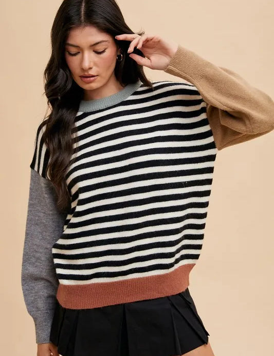 Ivory Black Annie Wear Striped Color Block Round Neck Sweater | Sweaters Daverri Fashions