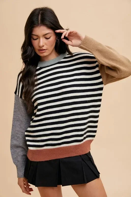Annie Wear Striped Color Block Round Neck Sweater - DAVERRI FASHIONS