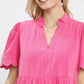 Umgee linen tiered babydoll dress in vibrant pink with scalloped sleeves