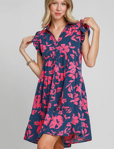 Umgee Full Size Floral Print Ruffle Cap Sleeve Tiered Dress Plus Size NAVY PINK S