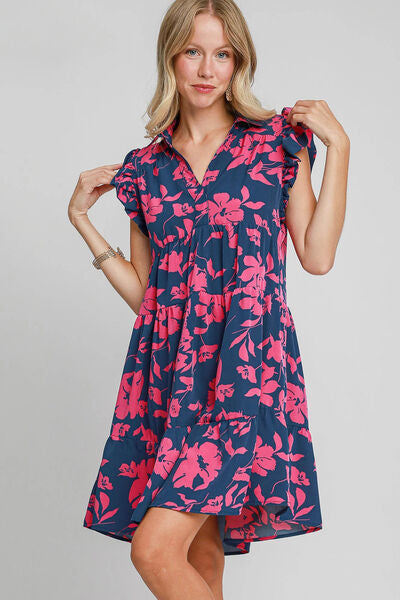 Umgee Full Size Floral Print Ruffle Cap Sleeve Tiered Dress Plus Size NAVY PINK S