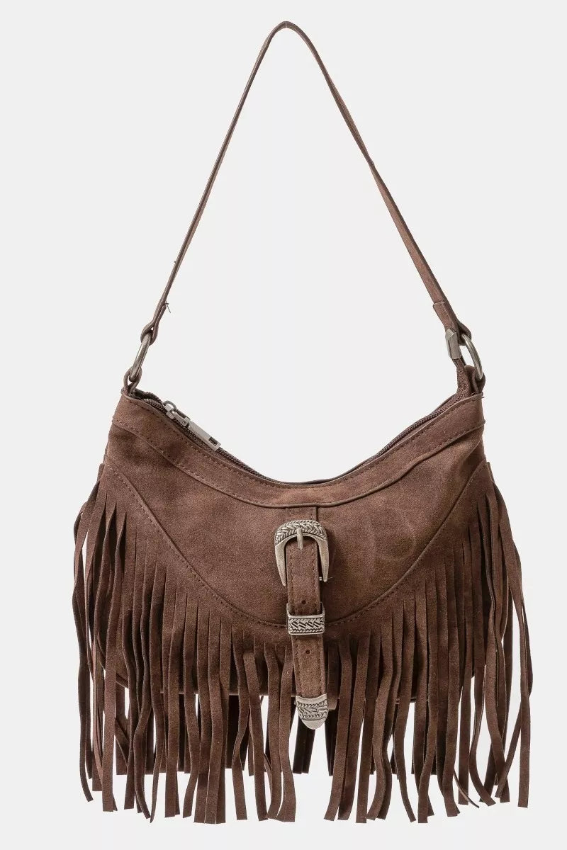 Fame Faux Suede Cascade Fringe Shoulder Bag | Daverri Fashions