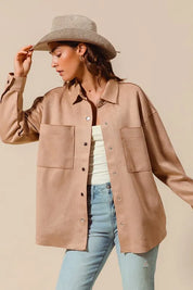 SO ME Faux Sued Snap Shacket with Collar and Pockets | Daverri Fashions