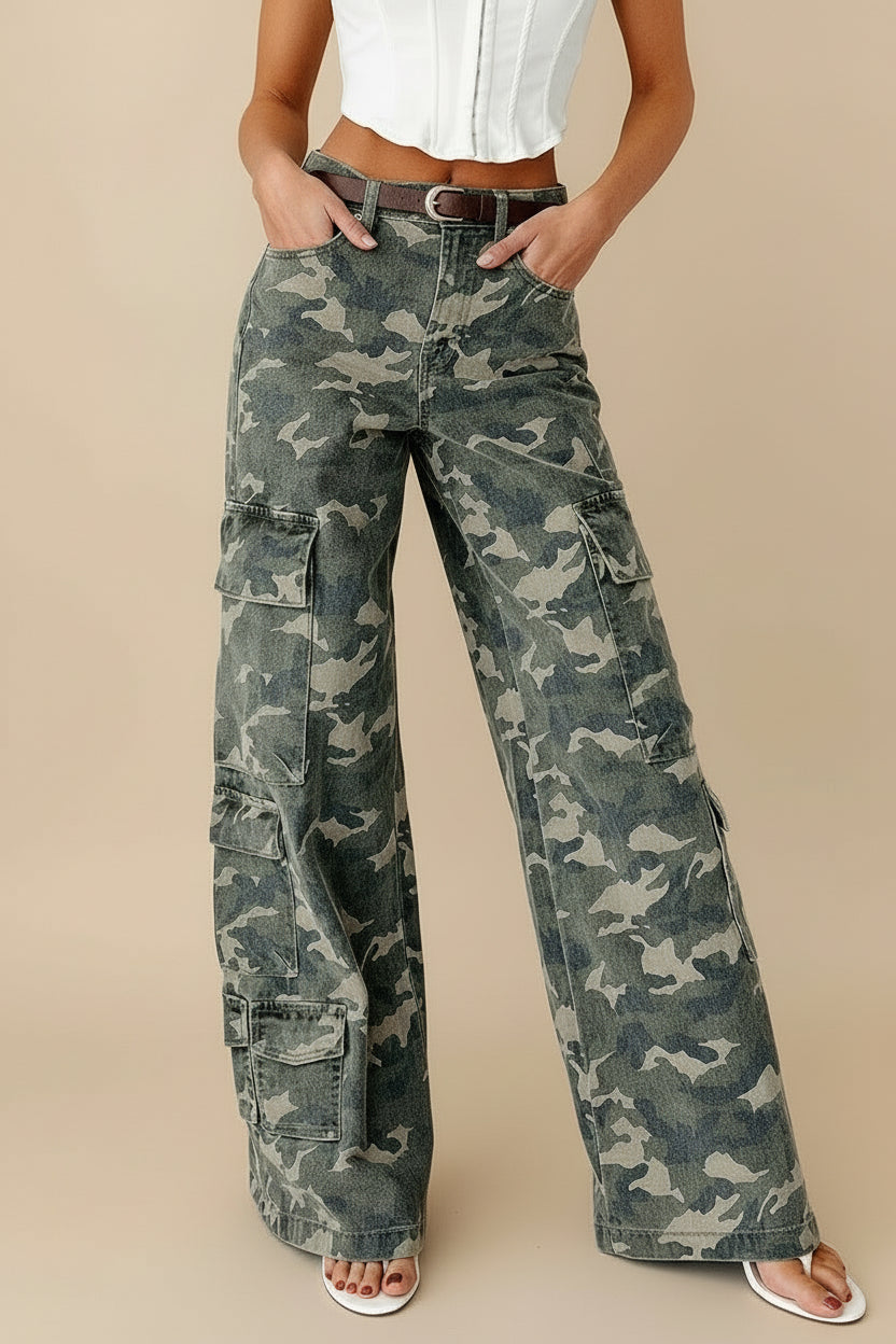 Green Camo Cargo Wide Leg Denim Jeans