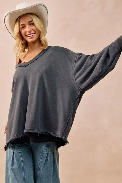 BiBi Mineral Washed French Terry Oversized Sweatshirt - DAVERRI FASHIONS
