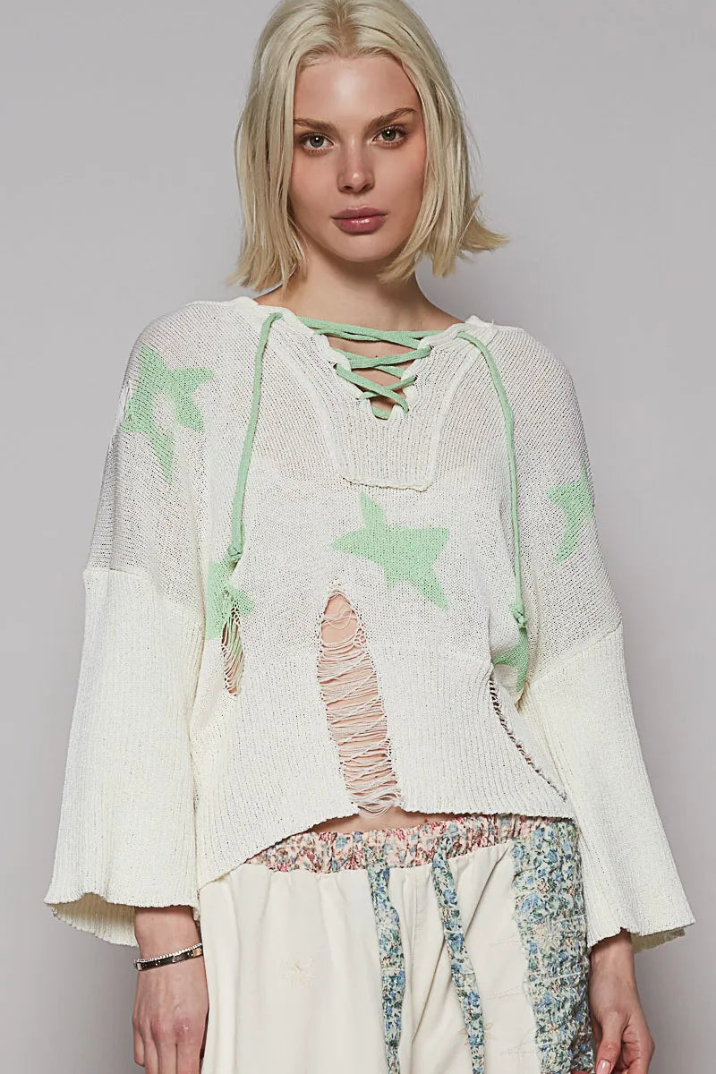 POL Distressed Lace-Up Star Pattern Hooded Hooded Sweater Gum Leaf Sweaters