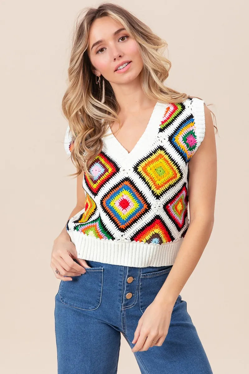 IVORY BiBi Diamond Granny Square Sweater Vest | Sweater Vests Daverri Fashions
