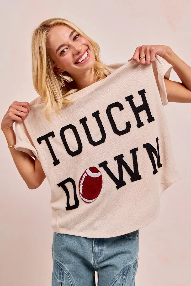 BiBi Game Day Touchdown Letter Patches Waffle Short Top | Tops Daverri Fashions