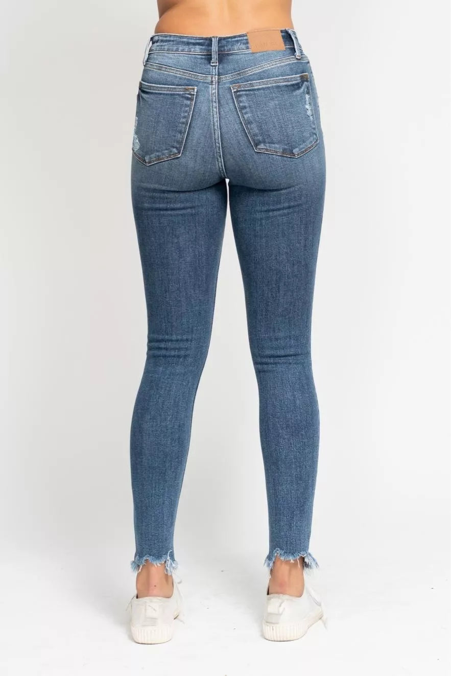 Judy Blue high-waist skinny jeans with destroy and shark bite hem