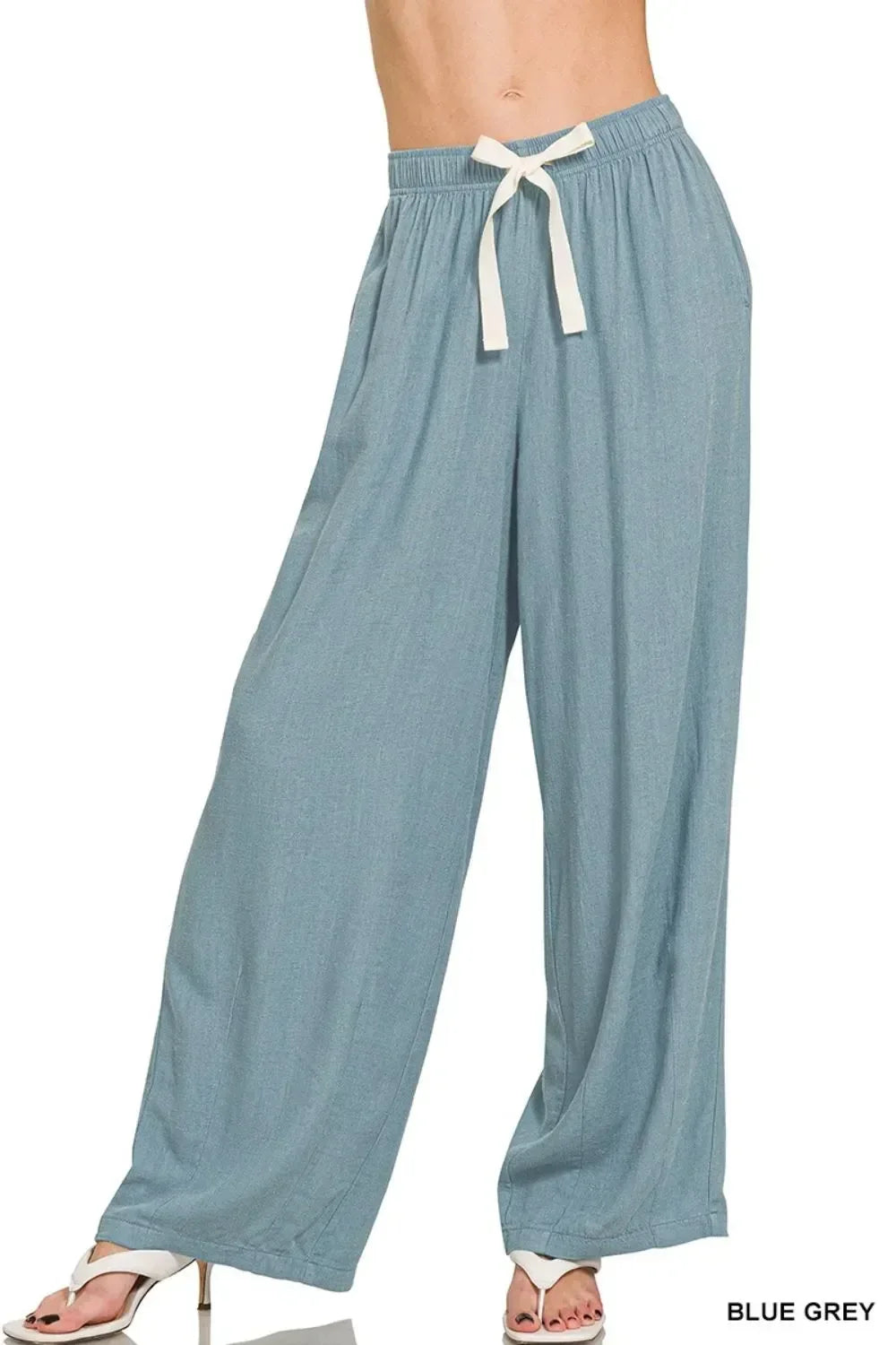 Zenana Linen Drawstring Pants Blue Grey - DAVERRI FASHIONS