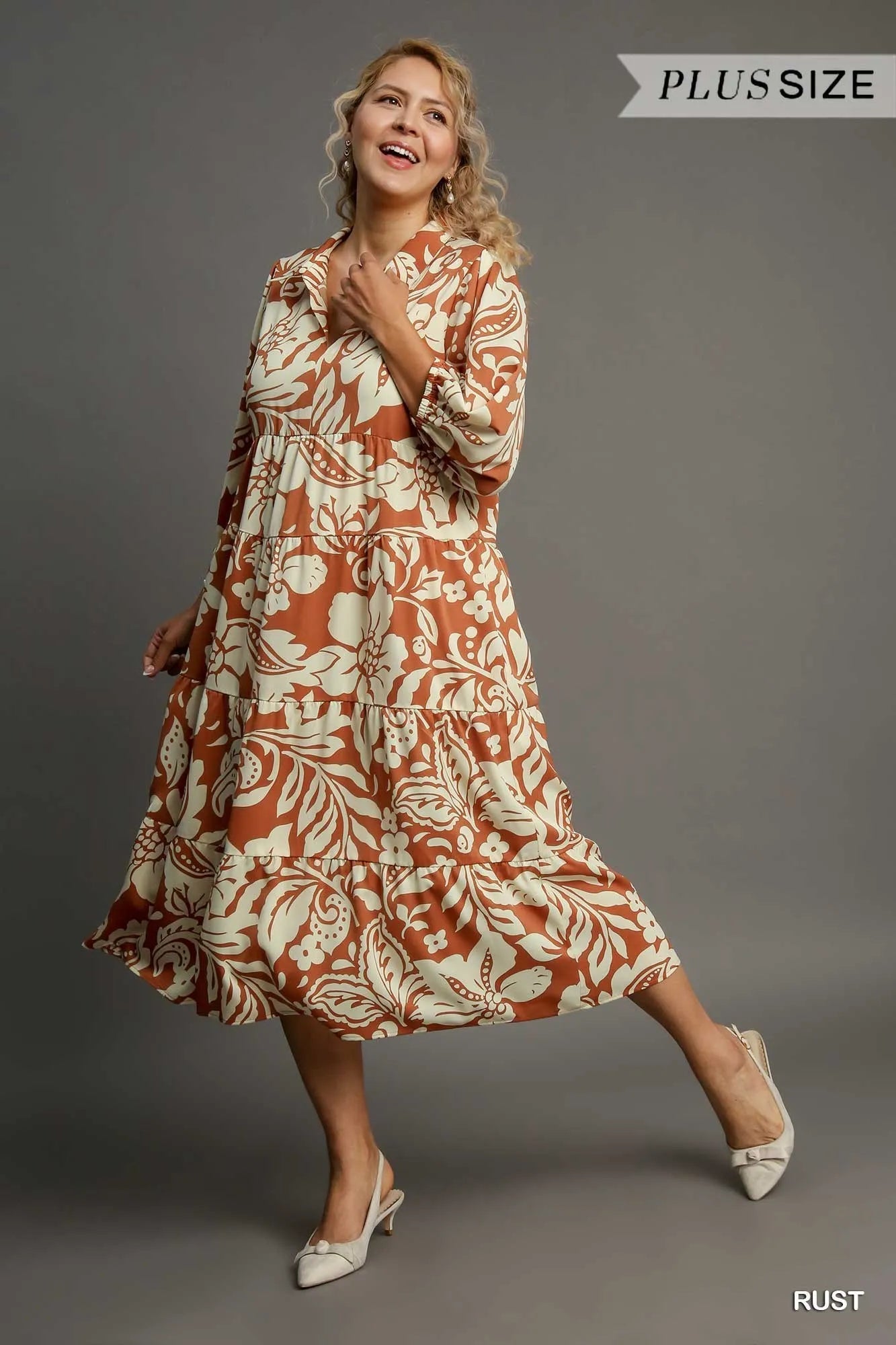Umgee Full Size Floral Tiered Midi Shirt Dress Plus Size Midi Dresses