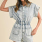 Annie Wear Elastic Waistband Short Sleeve Denim Romper Denim Rompers