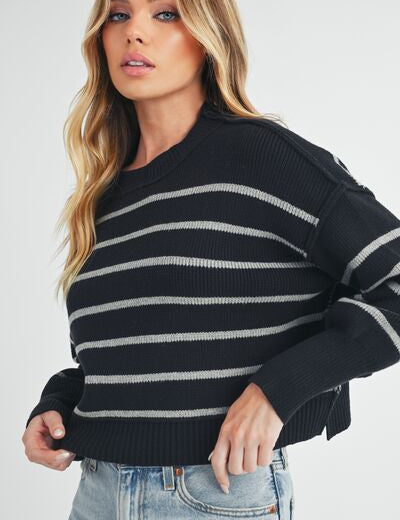 Aemi + Co Side Slit Striped Round Neck Knit Top Sweaters