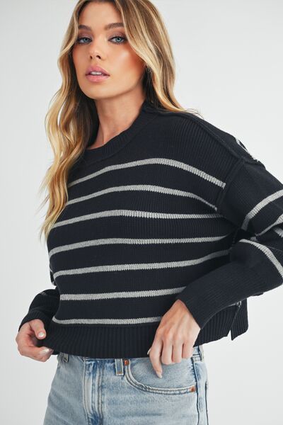 Aemi + Co Side Slit Striped Round Neck Knit Top Sweaters