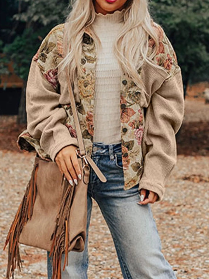 Floral Waffle Knit Patchwork Chest Pockets Buttoned Jacket | Jackets Daverri Fashions