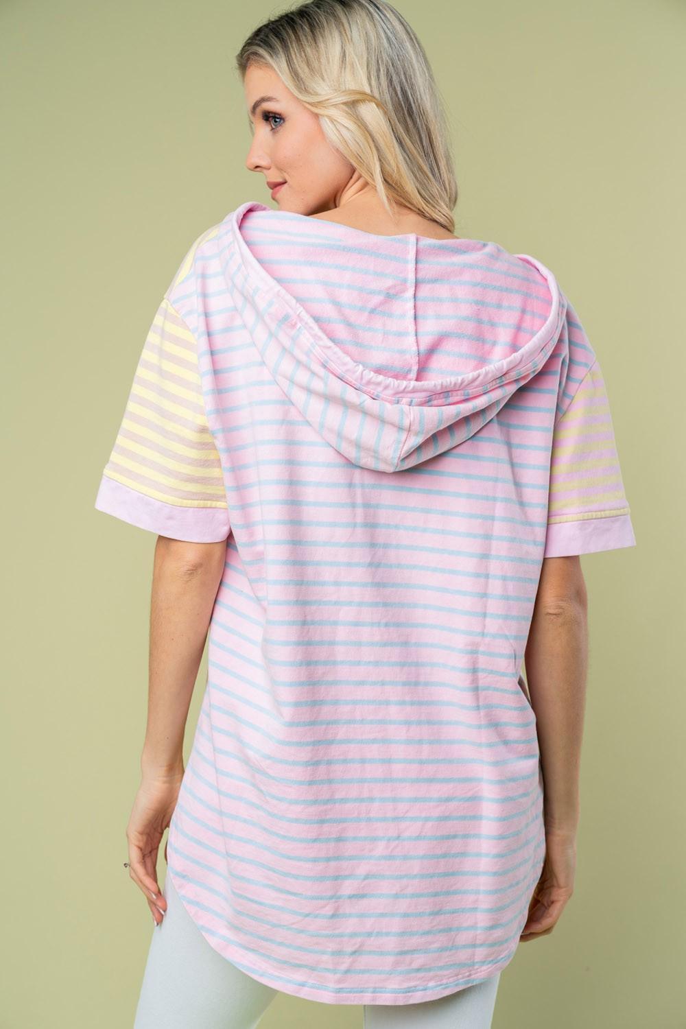 Striped Short Sleeve Drawstring Hooded Top Tops