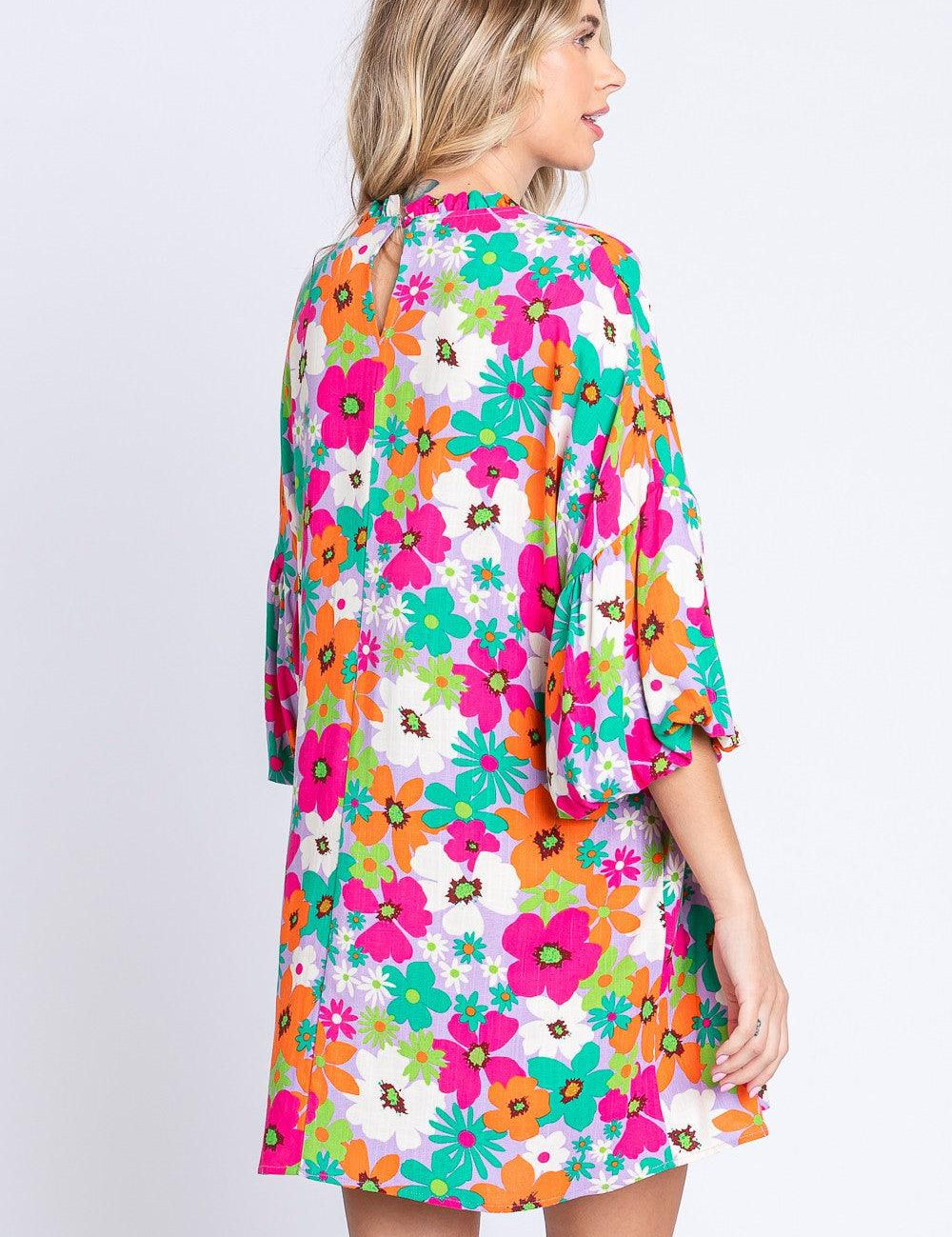 GeeGee Full Size Floral Round Neck Lantern Sleeve Mini Dress Mini Dresses