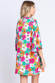 GeeGee Full Size Floral Round Neck Lantern Sleeve Mini Dress Mini Dresses