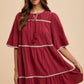 Annie Wear Tassel Contrast Trim Tie Neck Half Sleeve Tiered Dress - DAVERRI FASHIONS