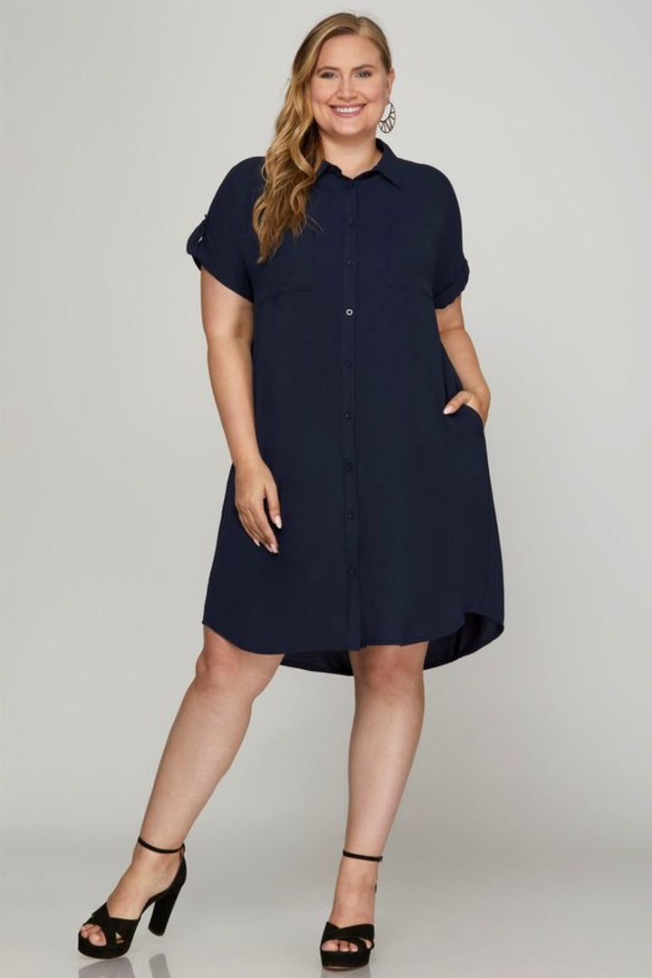 She + Sky Full Size Button Down Short Sleeve Woven Shirt Dress Plus Size Mini Dresses