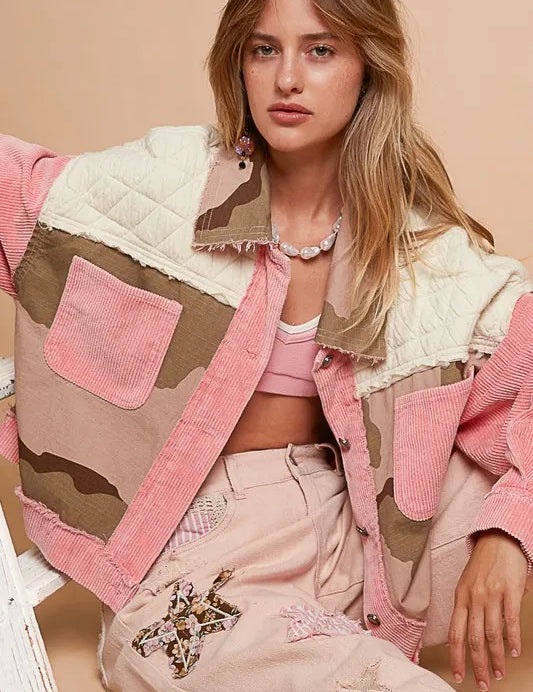 Neon Pink Multicolor POL Corduroy Jacquard Patchwork Button Up Jacket | Daverri Fashions