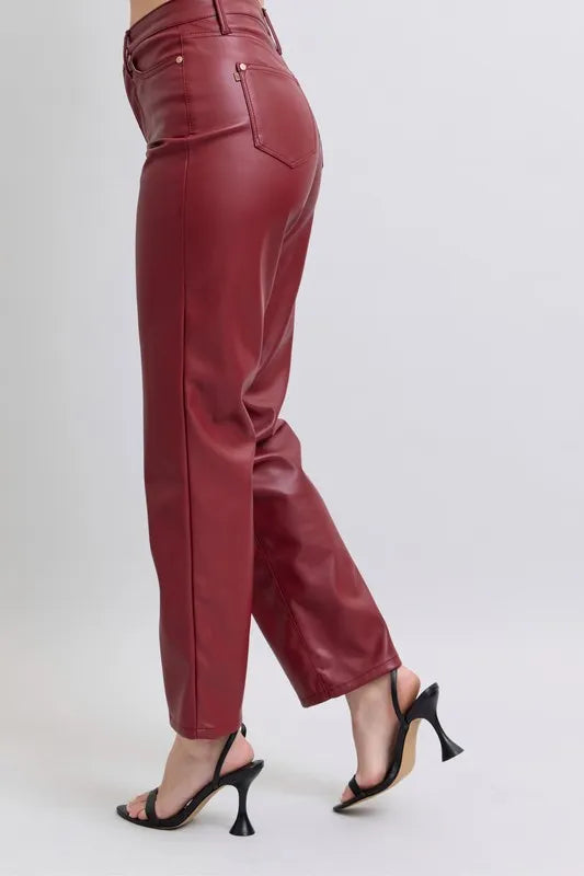 Judy Blue High Waist Tummy Control Faux Leather Straight Pants Plus Size | Pants Daverri Fashions