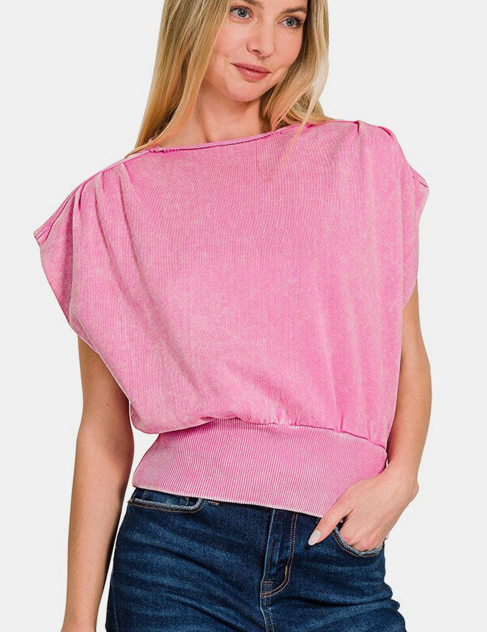 Washed Boat Neck Dolman Sleeve Top Candy Pink Shirts & Tops