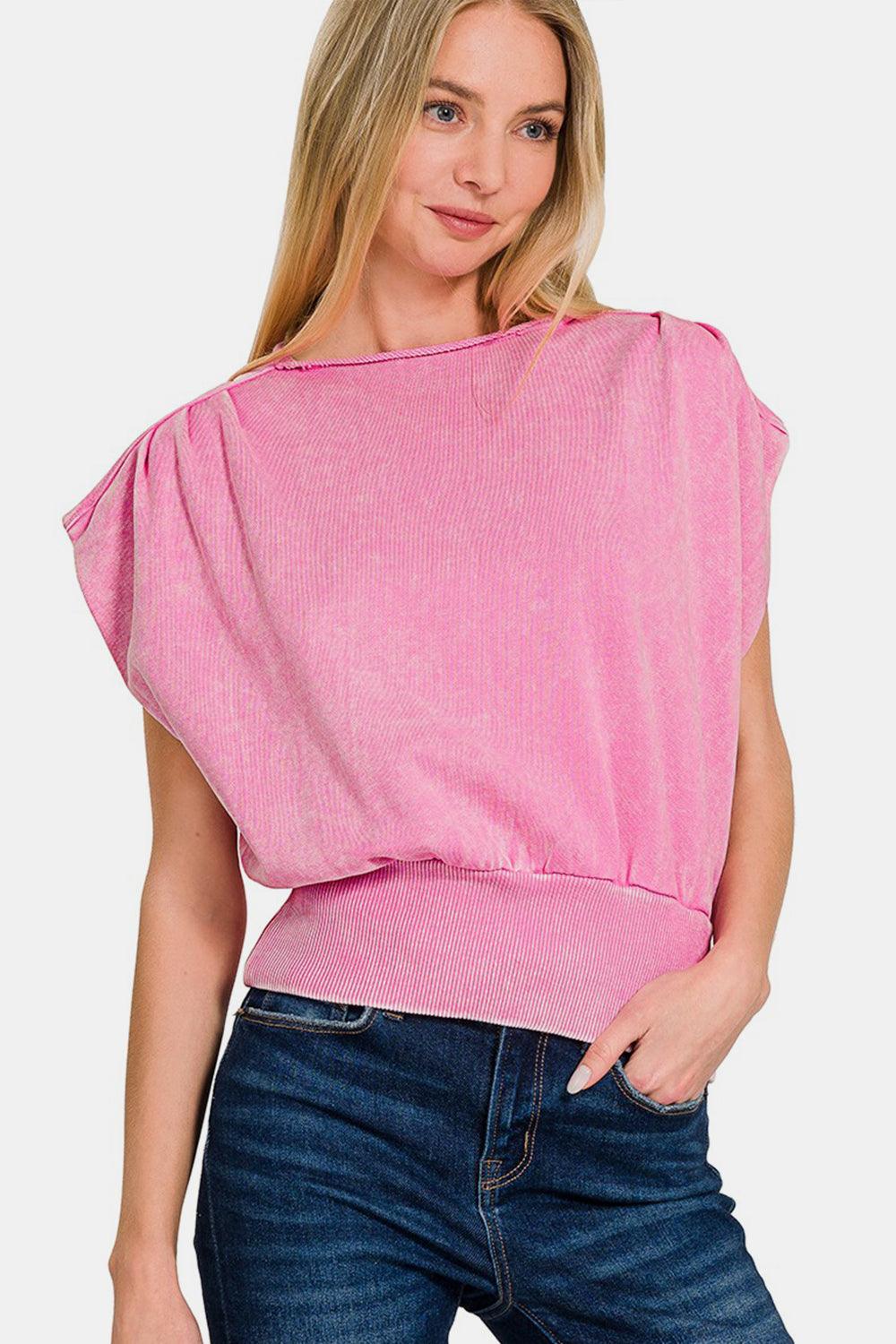 Washed Boat Neck Dolman Sleeve Top Candy Pink Shirts & Tops