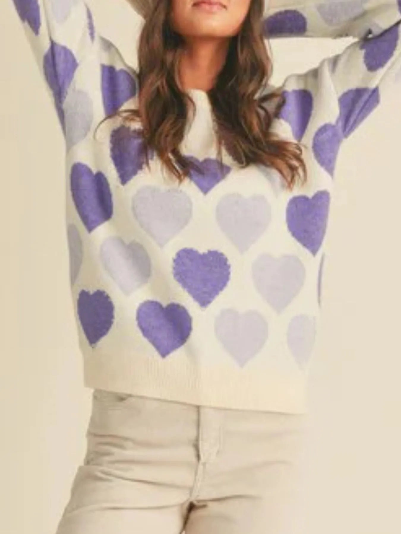 Heart Ribbed Hem Long Sleeve Sweater | Sweaters Daverri Fashions