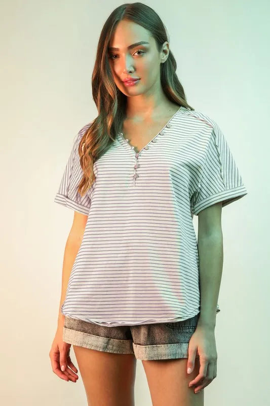 VERY J Striped V-Neck Short Sleeve T-Shirt Lavender L T-Shirts
