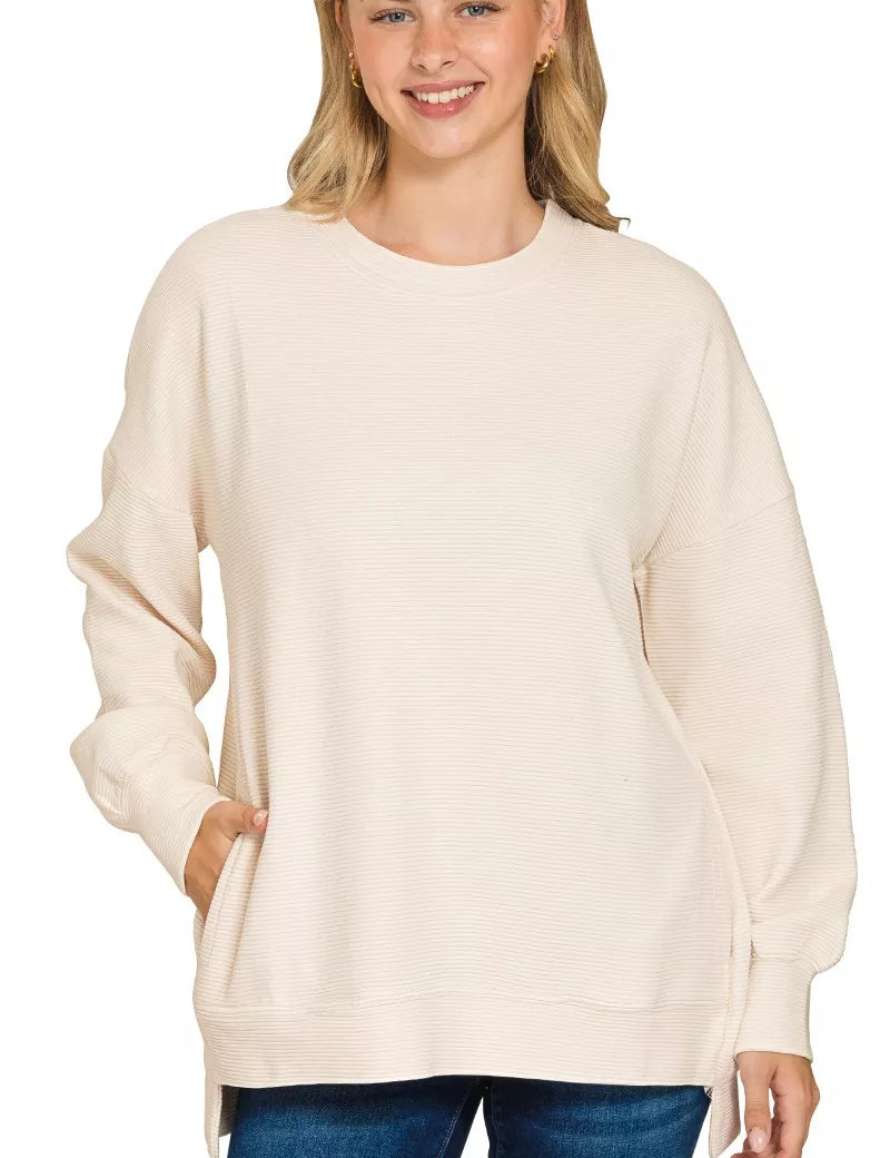 SAND BEIGE Zenana Full Size Acid Washed Double Ribbed Hi-low Sweatshirt Plus Size | Daverri Fashions
