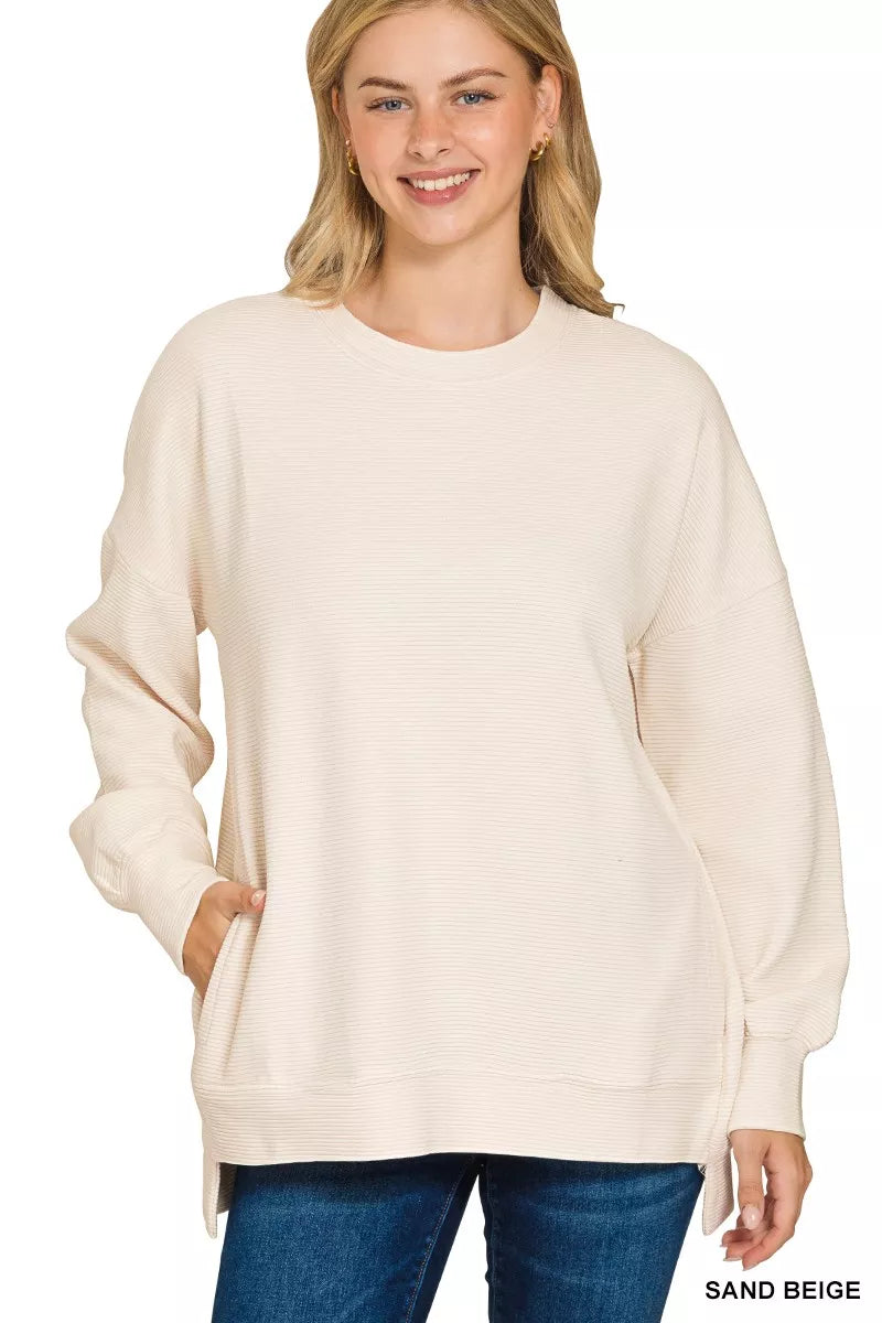 SAND BEIGE Zenana Full Size Acid Washed Double Ribbed Hi-low Sweatshirt Plus Size | Daverri Fashions