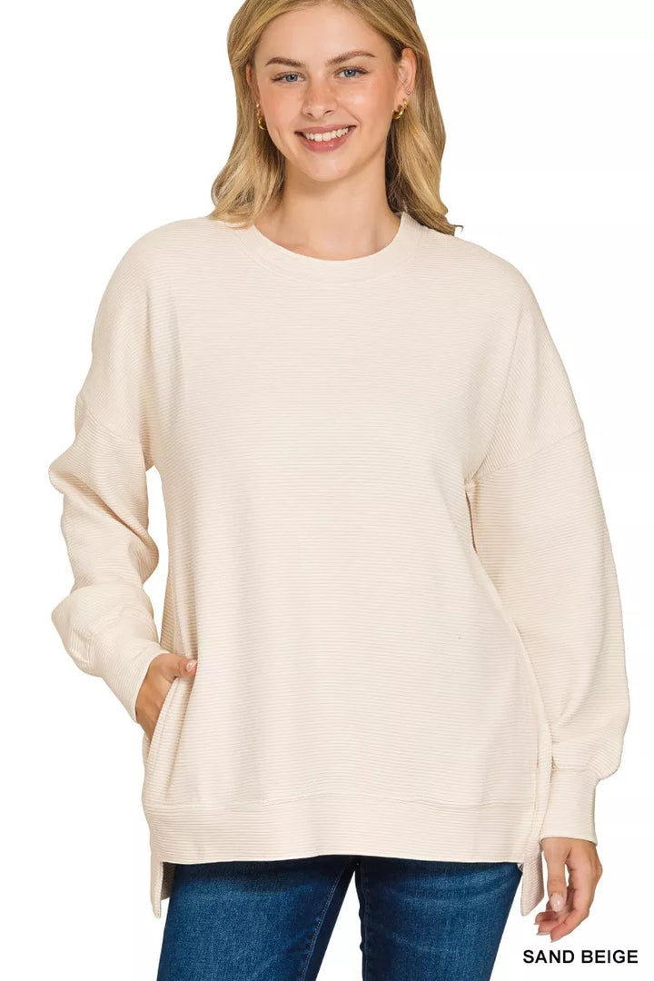 SAND BEIGE Zenana Full Size Acid Washed Double Ribbed Hi-low Sweatshirt Plus Size | Daverri Fashions