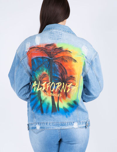 American Bazi Full Size Painted Back Distressed Denim Jacket