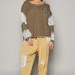 POL V-Neck Lace Balloon Sleeve Exposed Seam Top Khaki Olive