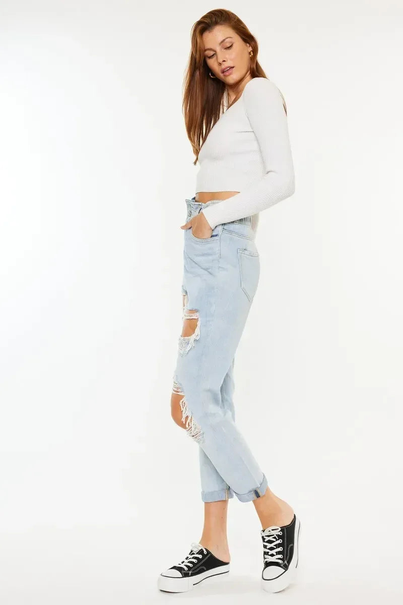 Kancan Open Pack Paperbag Mom Jeans - DAVERRI FASHIONS