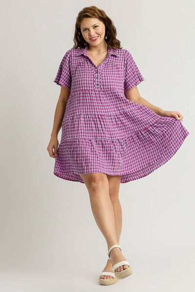 Umgee Full Size Gingham Tiered Button Detail Short Sleeve Dress Plus Size