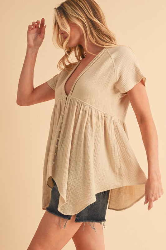 Aemi + Co Tuck Detail V-Neck Short Sleeve Blouse Blouses