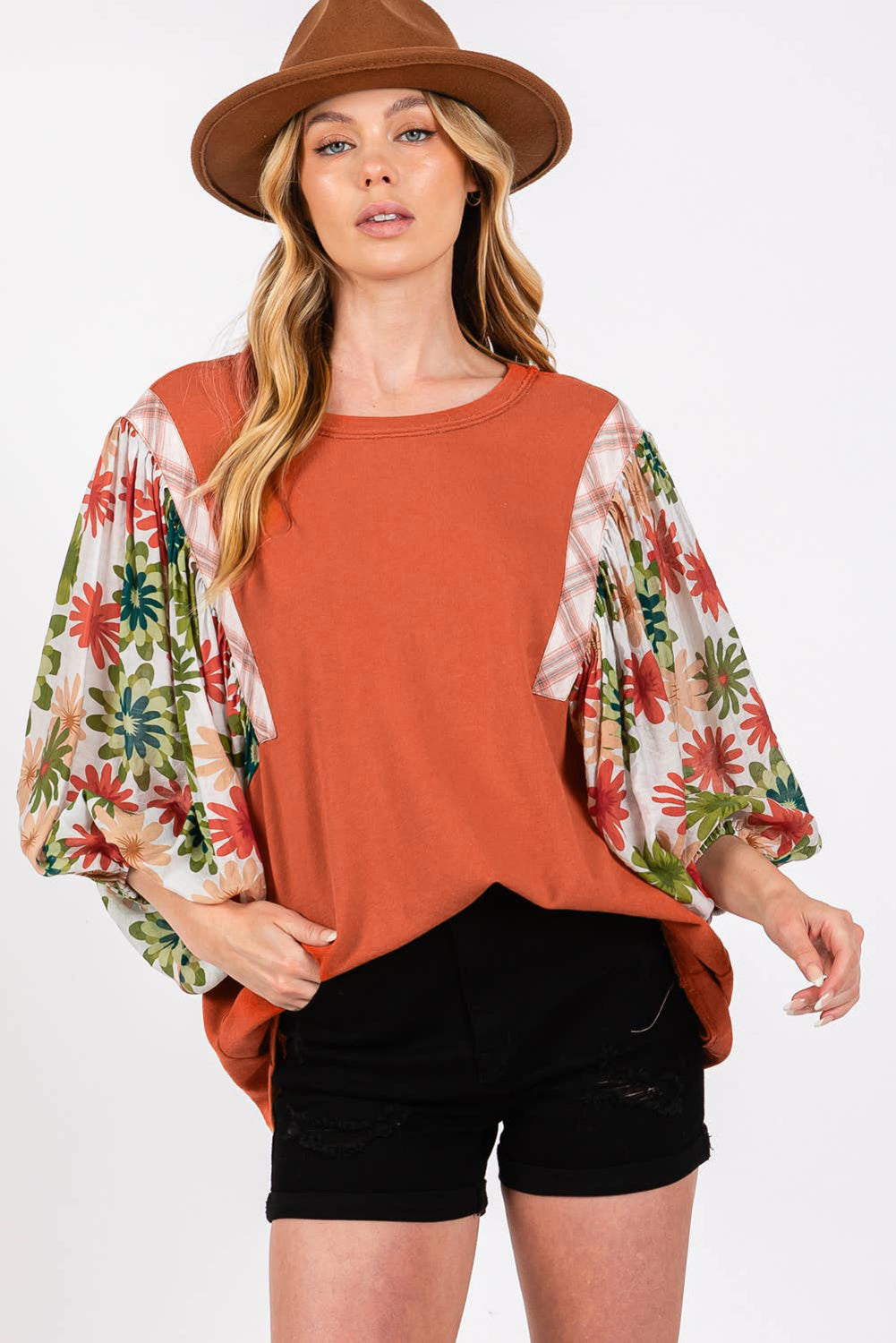 Desert Gold Floral Puff Sleeve Patchwork Round Neck Blouse | Blouses Daverri Fashions