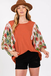Desert Gold Floral Puff Sleeve Patchwork Round Neck Blouse | Blouses Daverri Fashions