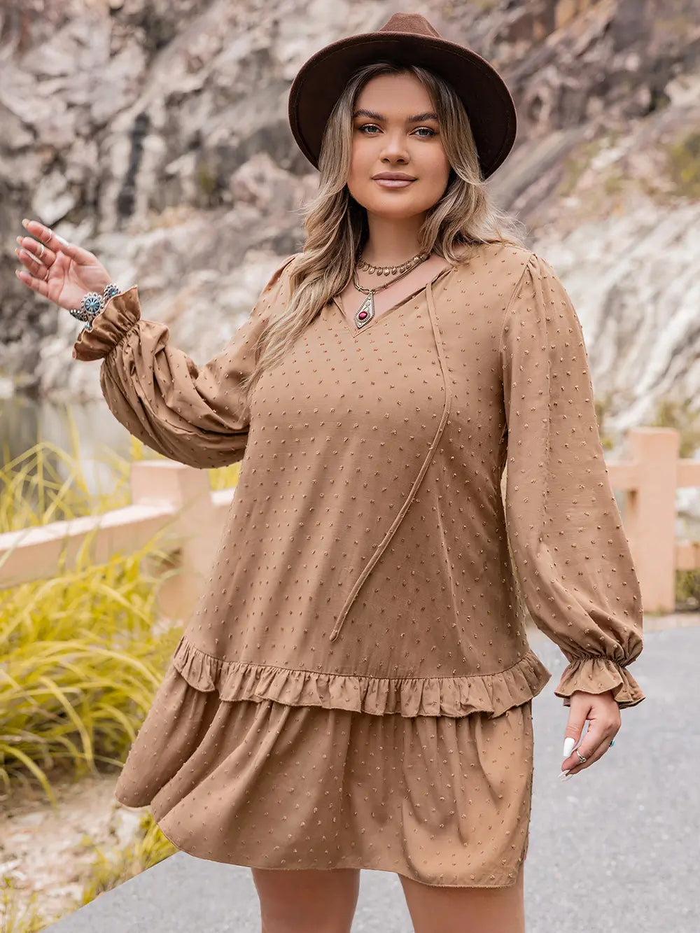 Plus Size Dot Flounce Sleeve Mini Dress | Mini Dresses Daverri Fashions