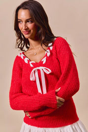 RED SO ME Satin Tape Braided Ribbon Tie V Neck Sweater | Sweaters Daverri Fashions
